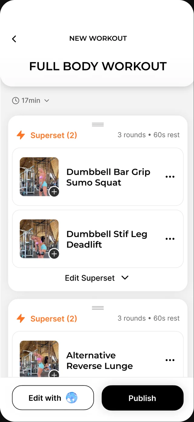 A new DUAL workout built from written notes: supersets, exercises and demos, ready to publish